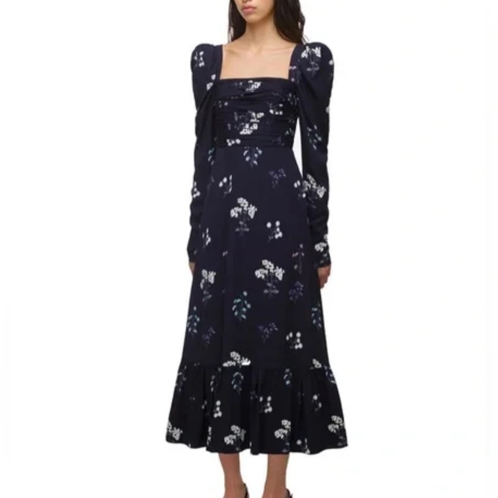 Self Portrait Long Puff Sleeve Navy Vintage Floral Midi Dress UK10/US6